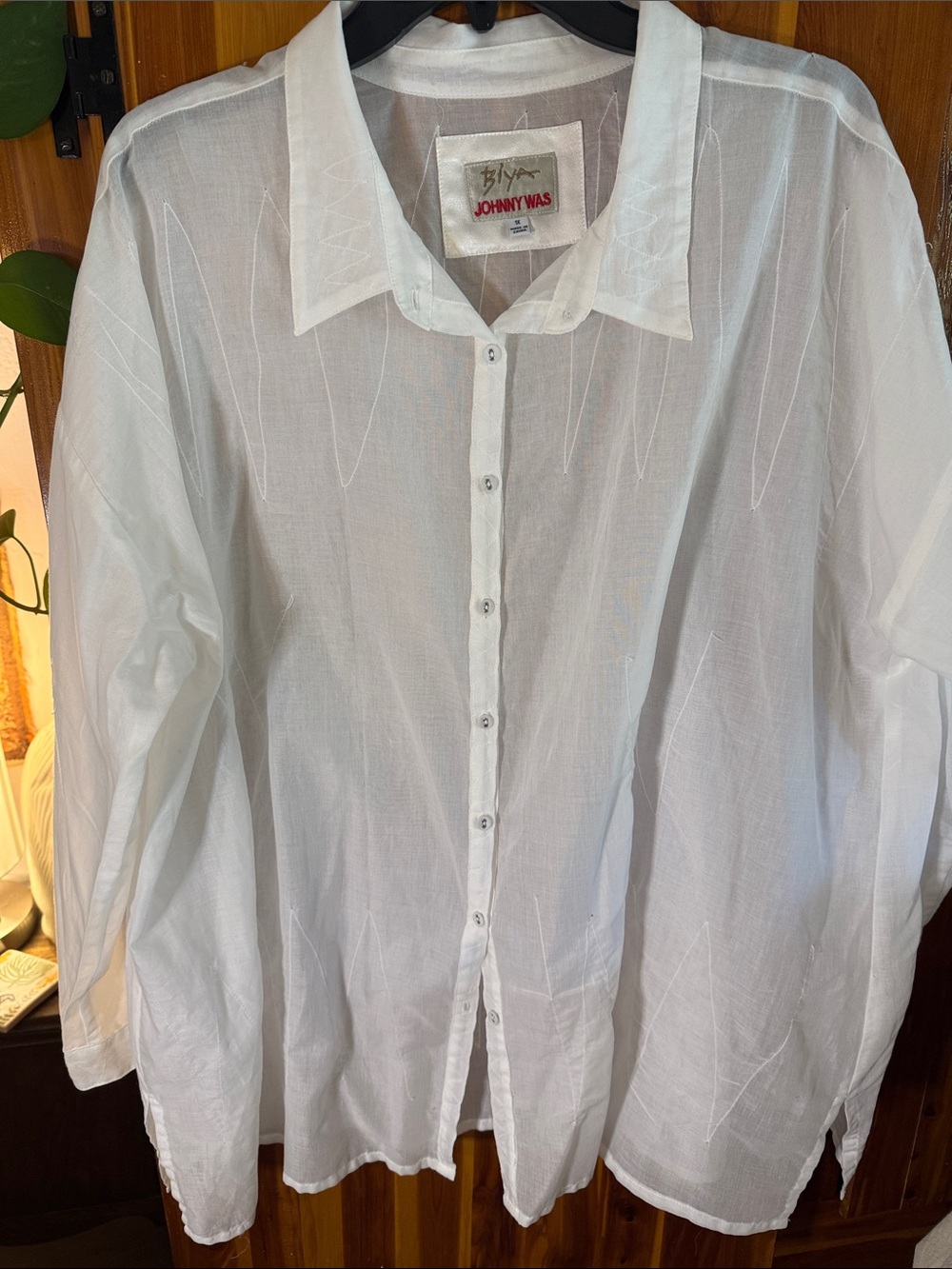 Johnny Was White Semi-Sheer Button-Down Shirt